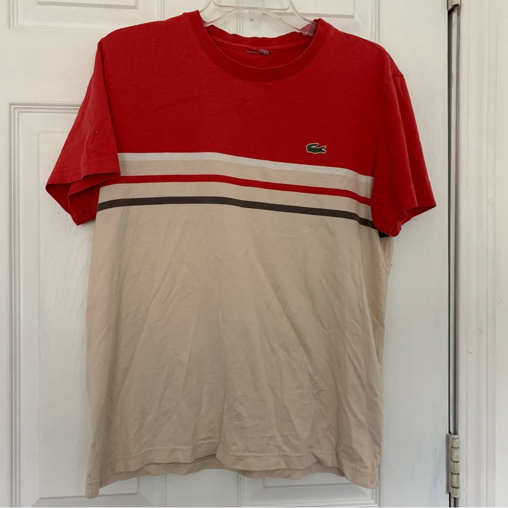 Lacoste Shirt Mens 3 US Small 100% Cotton Crew Tee Red Tan Striped Short Sleeve